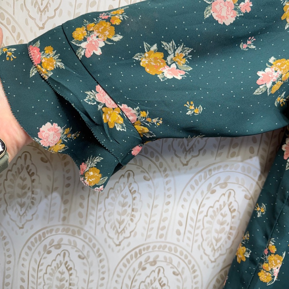 Maurices Floral Blouse Women XXL Teal Pink Yellow‎ Ruffle Neck Long Sleeve Top - Picture 3 of 7